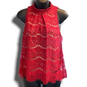 love, fire red lace fully lined sleeveless top shirt halter fringe hemline Med
